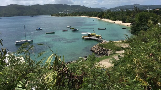 A coastal area with boats docked near a sandy beach, surrounded by lush greenery and hills in the background. - CHARMING T3 with TERRACE and magnificent sea view (Le MARIN)
