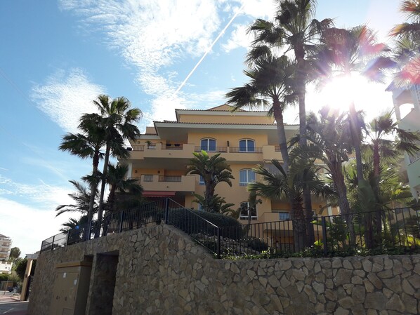 A multi-story building with balconies, surrounded by palm trees and a stone wall.