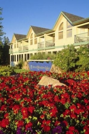 Een hotel met een groot bord ervoor, omgeven door een tuin vol rode bloemen.