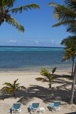 Une plage avec trois chaises longues bleues, une petite table et des palmiers.