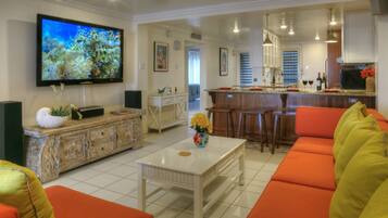 Smart TV, DVD player, books, music library