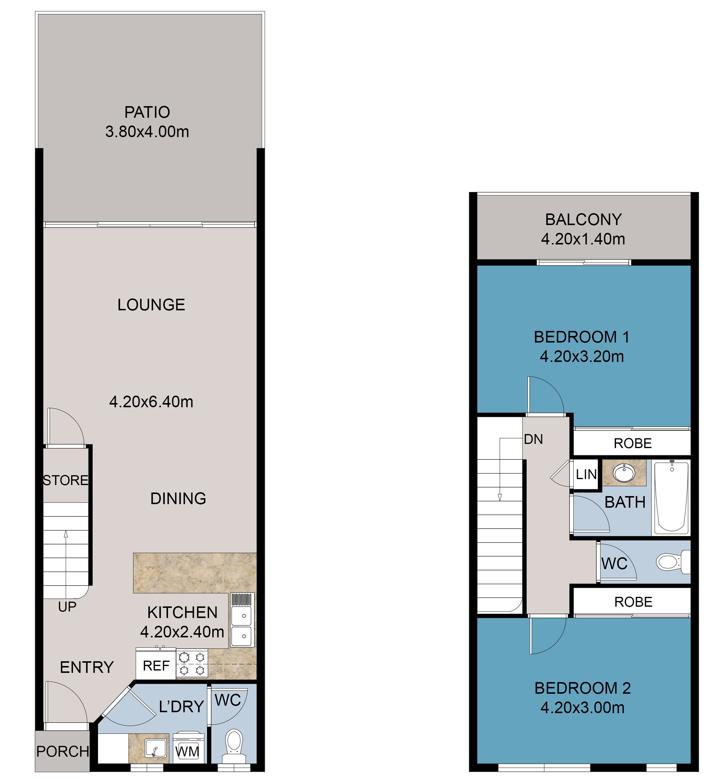A floor plan of a hotel with a patio, lounge, dining area, kitchen, and two bedrooms.