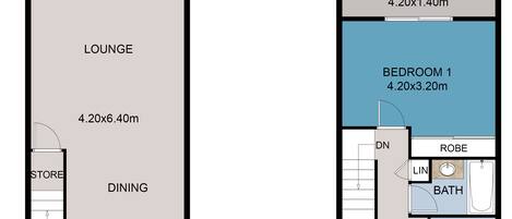A floor plan of a hotel with a patio, lounge, dining area, kitchen, and two bedrooms.