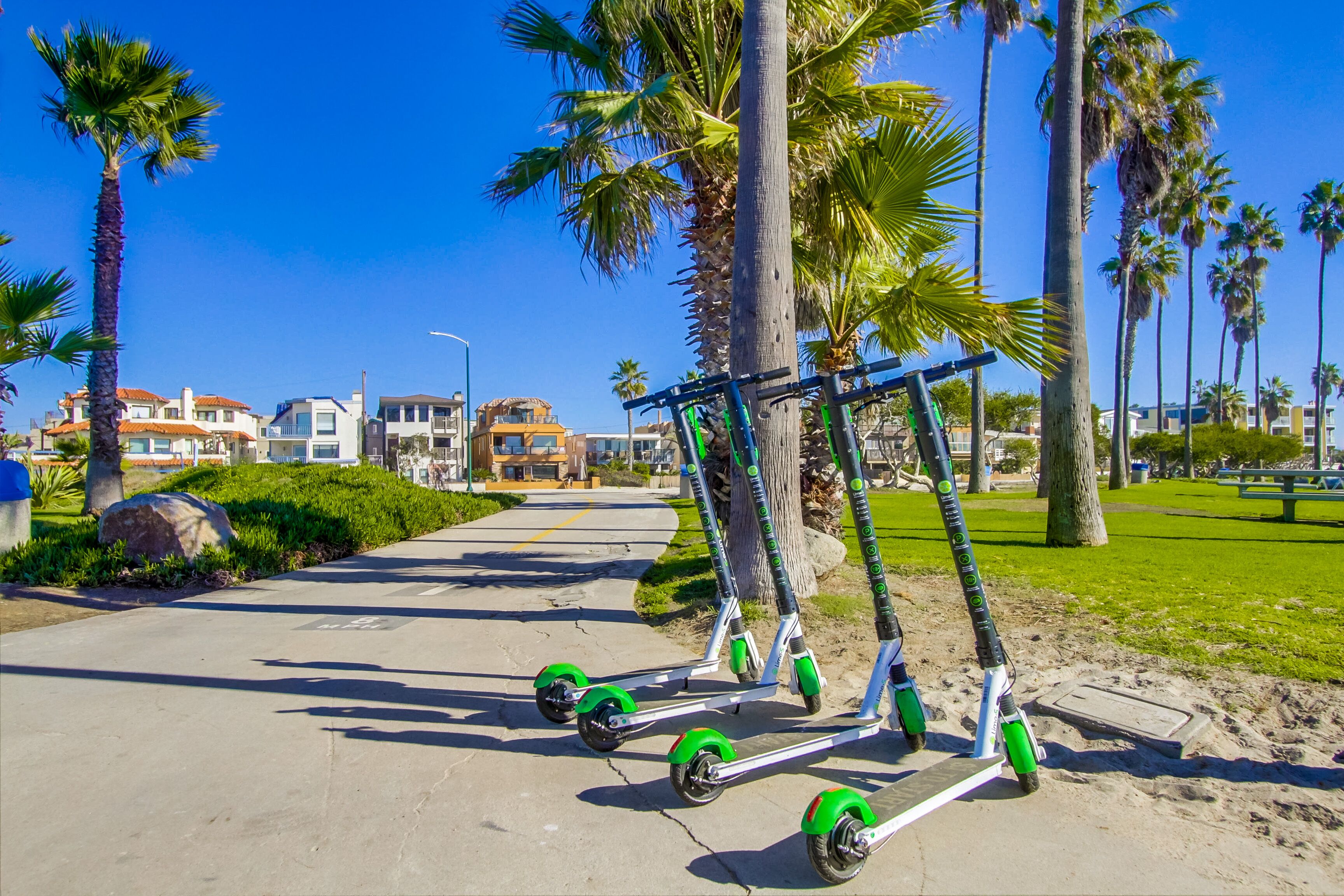 Un camí pavimentat amb patinets elèctrics aparcats al seu costat, envoltat de palmeres i edificis al fons.