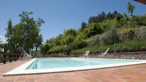 Ein rechteckiger Swimmingpool mit Fliesenplattform, umgeben von einer Steinmauer und einem Holenzaun.