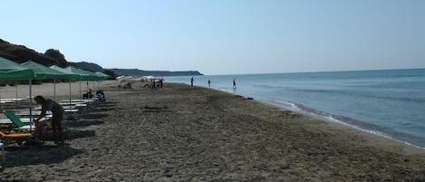 Plage à proximité, chaises longues, serviettes de plage