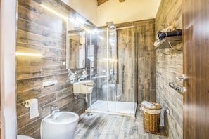 Shower, hair dryer, bidet, towels