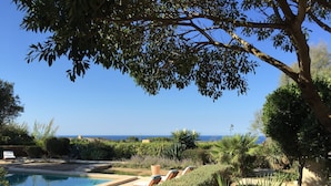 A pool area with lounge chairs, a large tree, and a view of the ocean. - CALM - ZENITUDE - ONE OF THE MOST BEAUTIFUL HOUSES OF GOZO (GHARB)