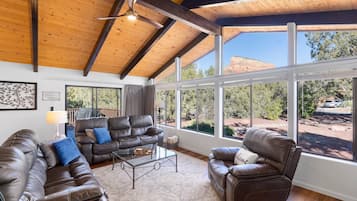 Smart TV, chimenea, libros y monitor de computadora