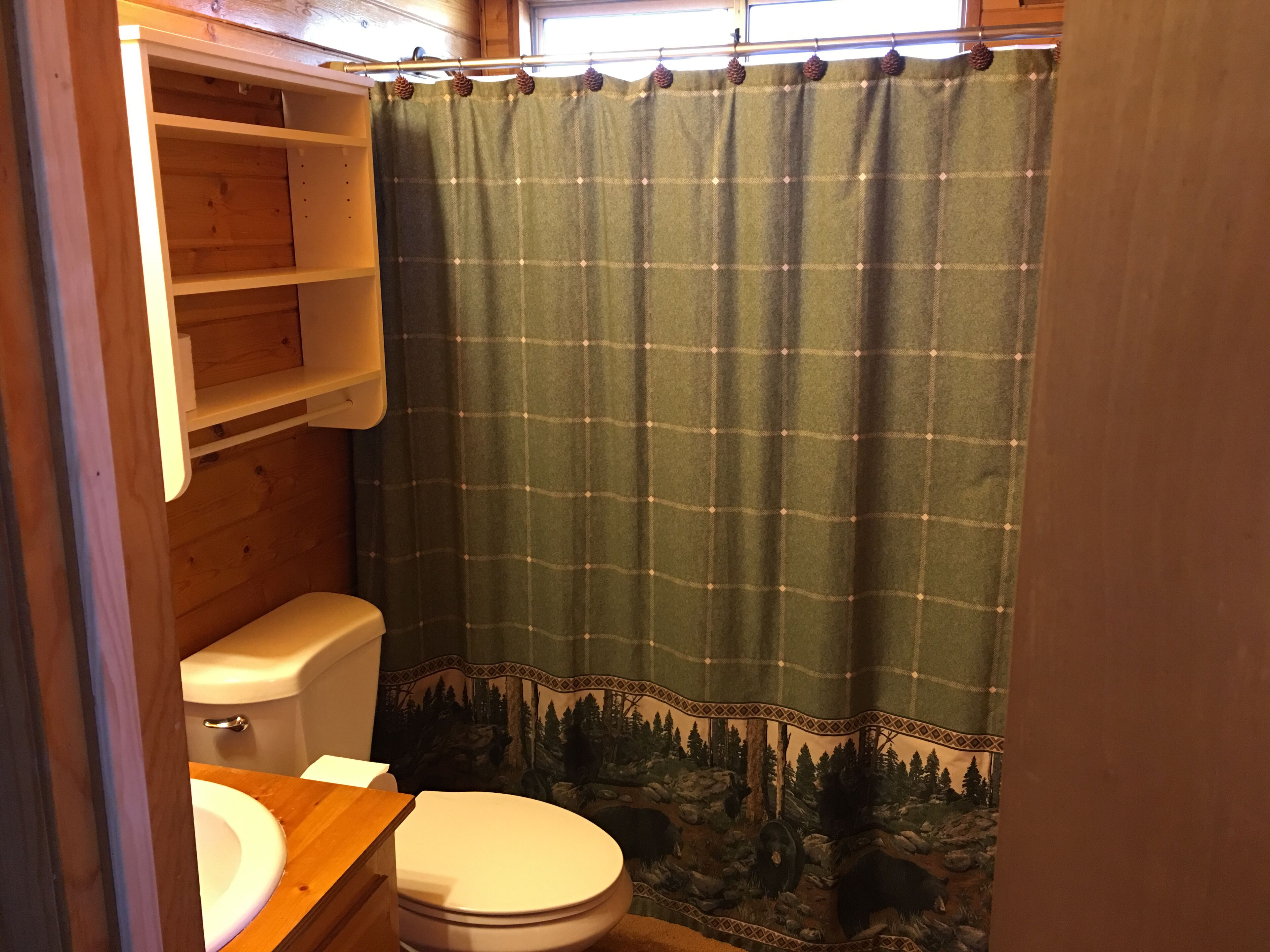 Een kleine badkamer met een houten wastafel, toilet en een douchegordijn met een boslandschap.