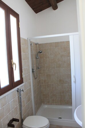 Shower, free toiletries, hair dryer, bidet