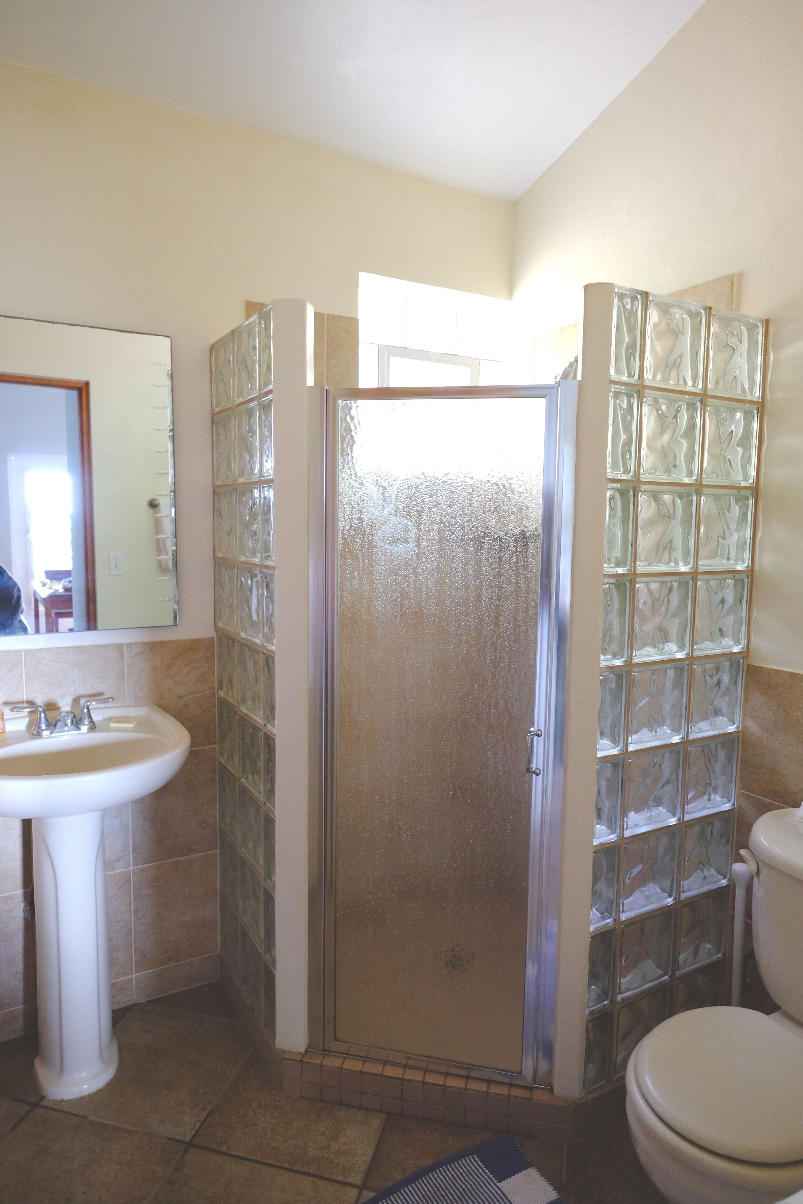 A bathroom with a glass shower enclosure, a sink, and a toilet.