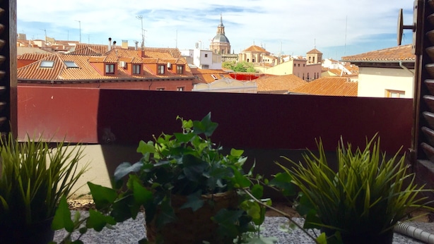 A view from a balcony with terracotta rooftops, a white building with a dome, and potted plants in the foreground. - PLAZA MAYOR-SOL (Madrid)