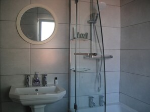 Combined shower/bathtub, hair dryer, towels, toilet paper
