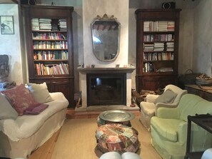 Télévision, cheminée, table de tennis de table, livres