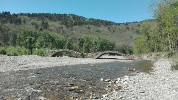 Eine Steinbrücke über einem Fluss, im Hintergrund ein bewaldeter Hügel.