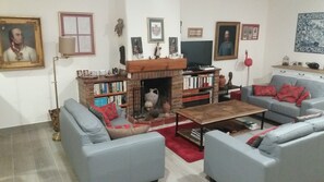 TV, fireplace, table football, books