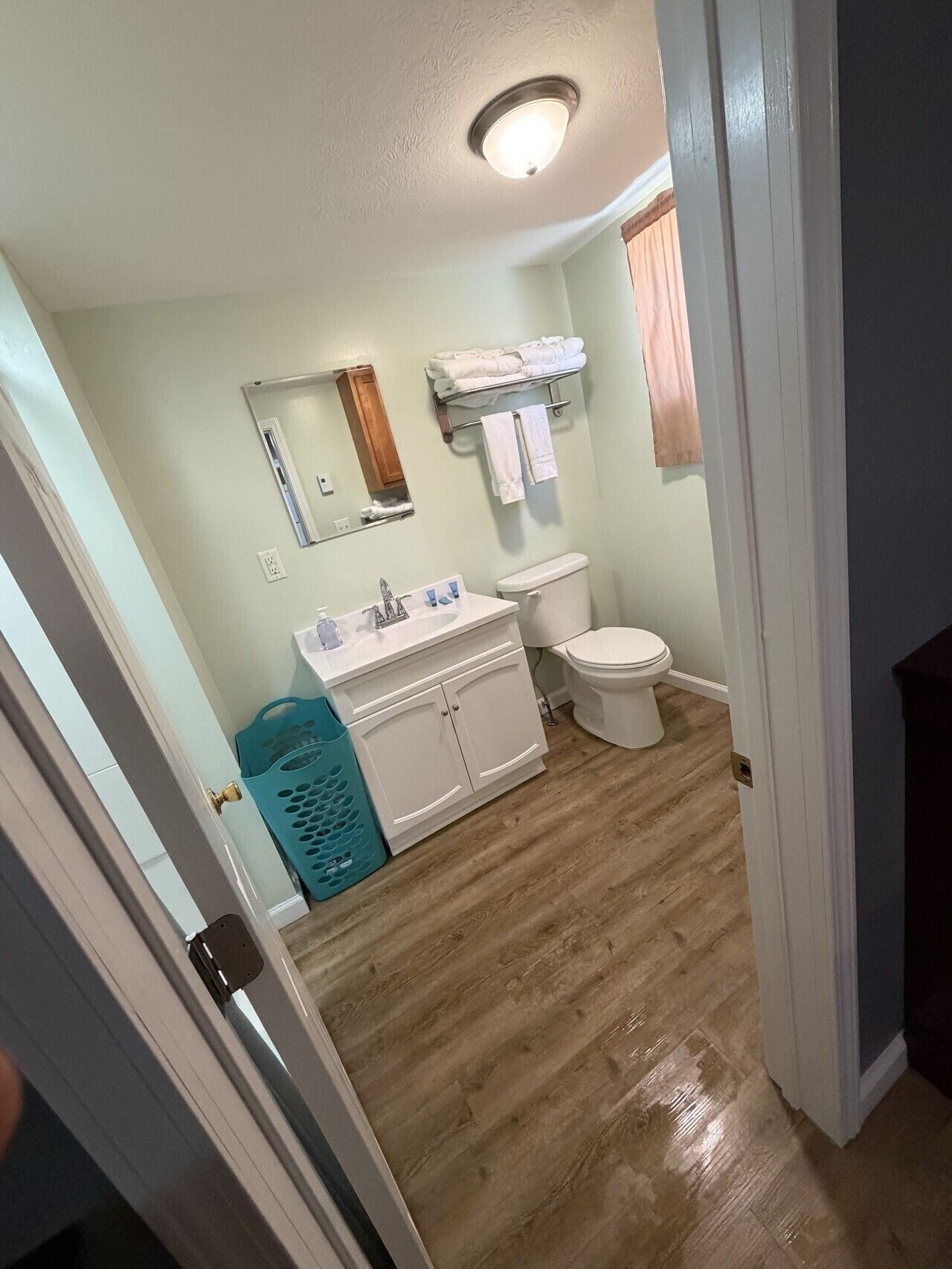 A bathroom with a toilet, sink, and mirror.