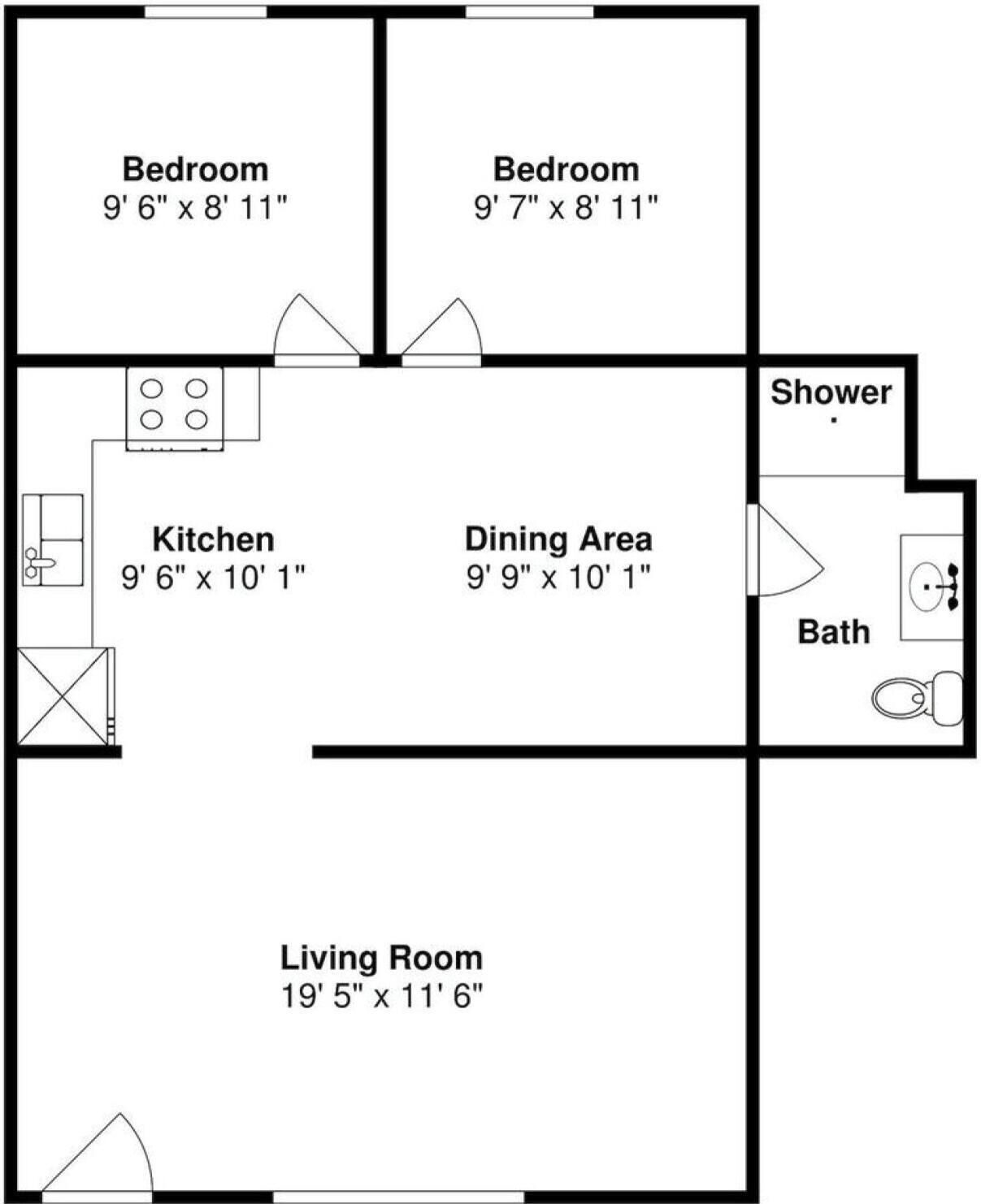 Plano de planta que muestra dos dormitorios, una cocina, comedor, ducha, bañera y sala de estar.