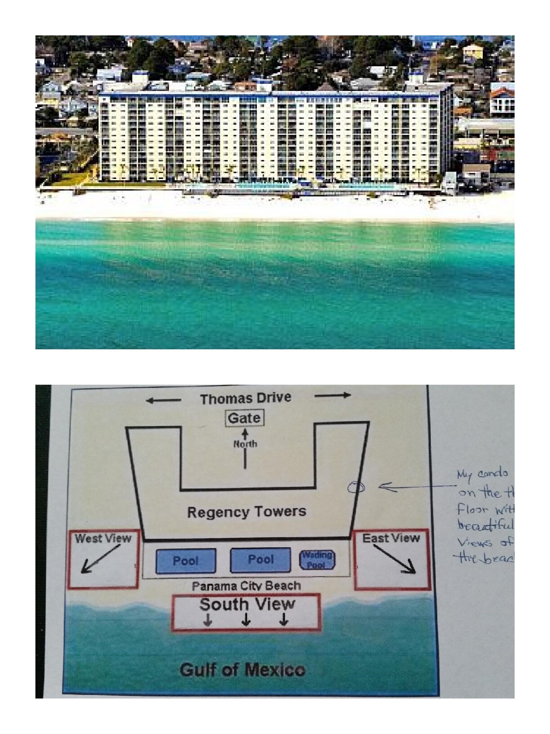 view of resort from above the ocean and location of condo in the resort.