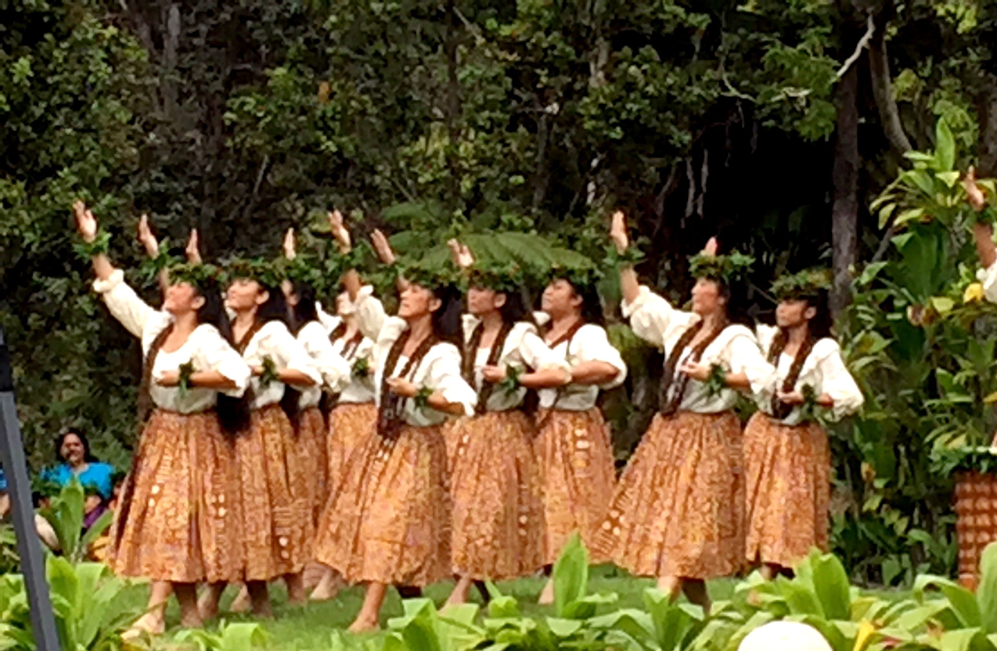 Un groupe de personnes, vêtues de costumes traditionnels, interprète une danse en plein air, avec un décor de feuillage dense en arrière-plan.