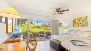 A hotel room with a bed, a desk with a TV, a chair, and a view of a garden through a sliding door.