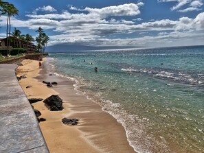 On the beach, sun-loungers, beach towels
