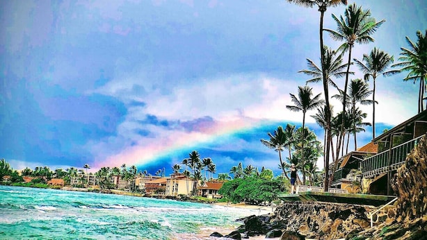 A beach with palm trees, ocean waves, and a rainbow. - A jewel on Oceanfront & Breath Taking Views. (Lahaina)