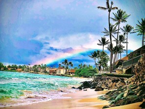 Ein Strand mit Palmen, Meereswellen und einem Regenbogen.