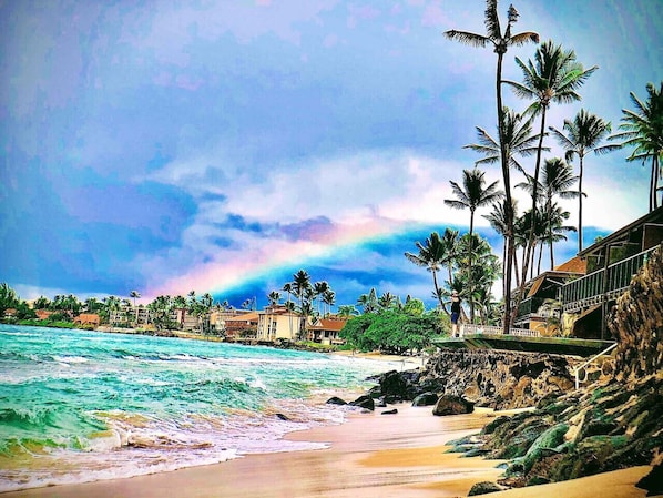 On the beach, sun loungers, beach towels