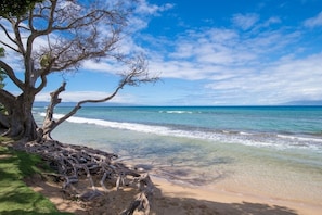 On the beach, sun-loungers, beach towels