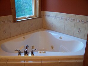 Combined shower/tub, jetted tub, towels, soap