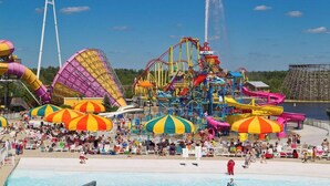 A water park with various water rides and a pool area.