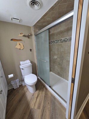 Combined shower/tub, hair dryer, towels, soap