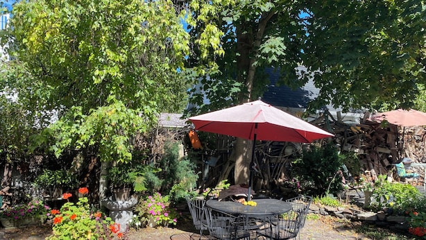 Une terrasse avec une table ronde et des chaises, entourée de plantes en pot et d’un parasol rouge.