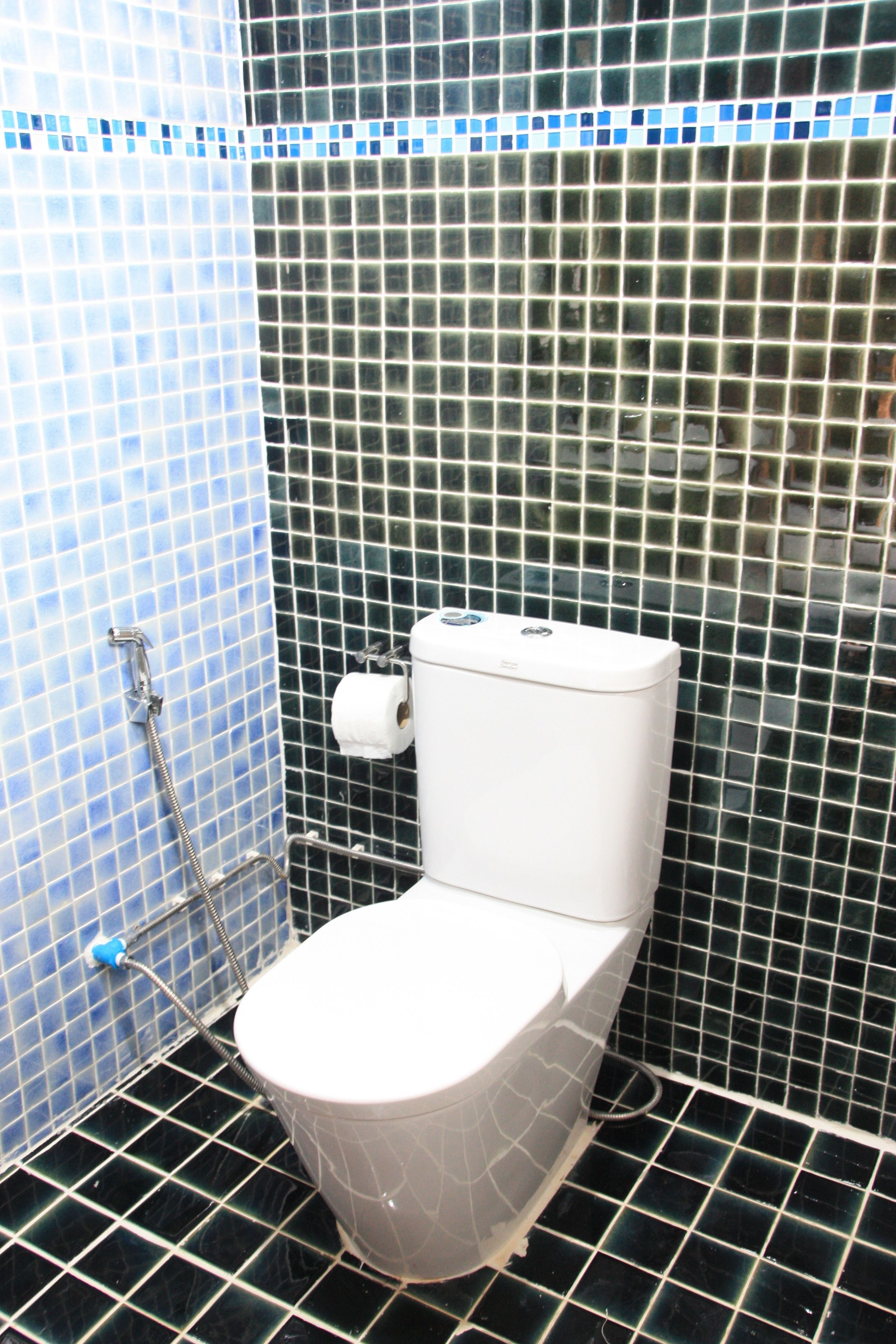 A bathroom with a white toilet, a shower, and a tiled wall.