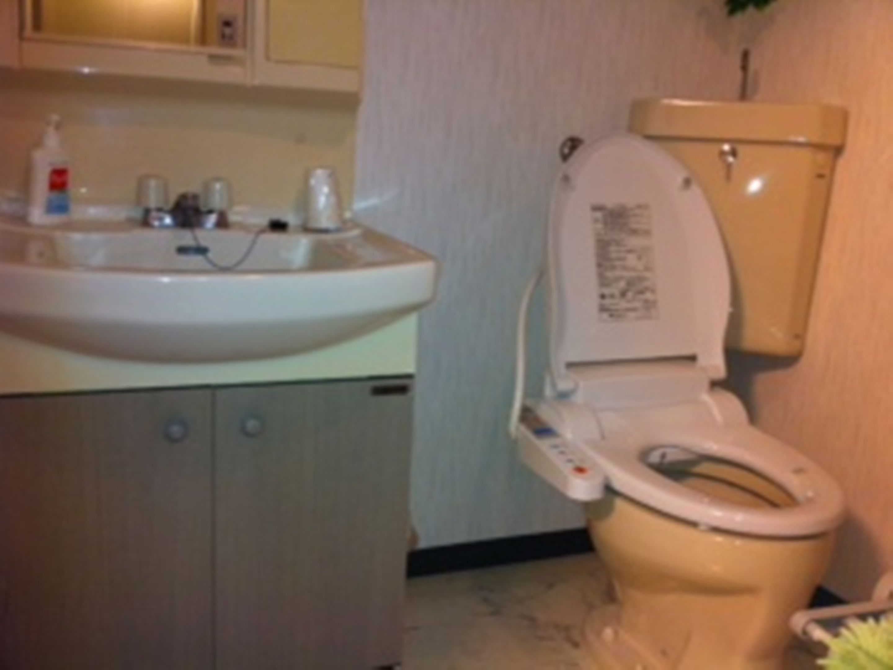 A bathroom with a toilet, sink, and cabinet.