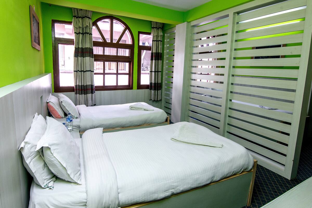 Une chambre avec deux lits, une fenêtre avec des rideaux et un mur vert.