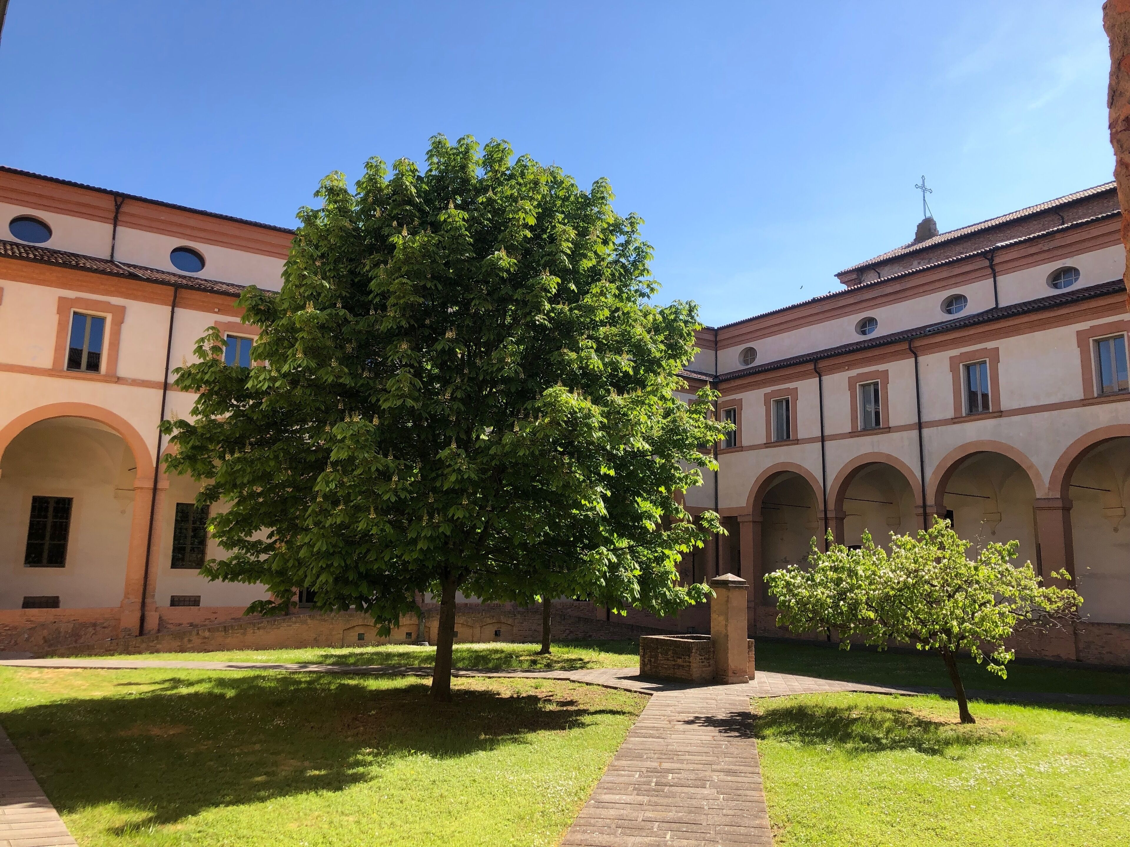 A courtyard with a large tree, brick pathway, and a building with arches and a cross on the roof.