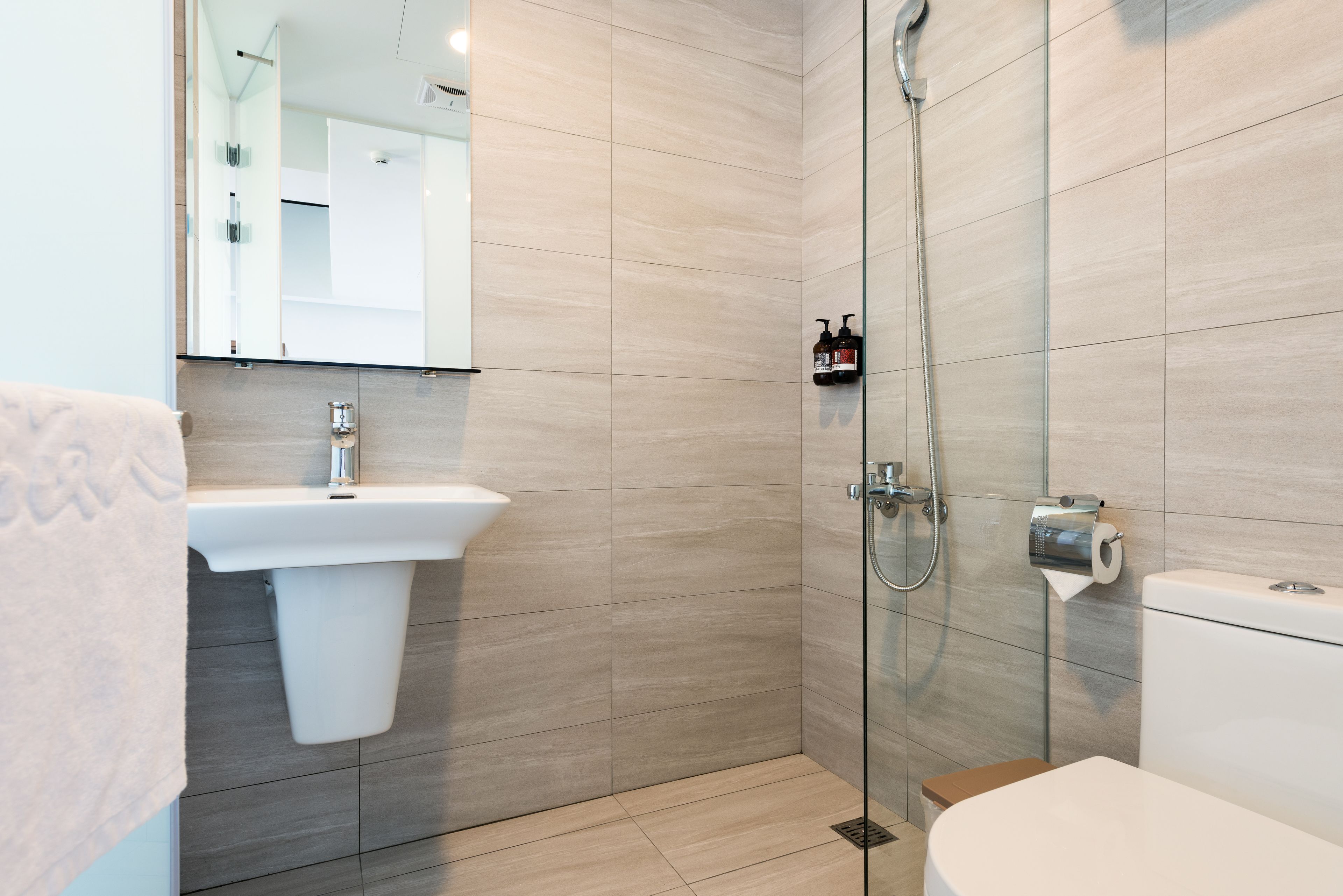 free toiletries, hair dryer, slippers, towels