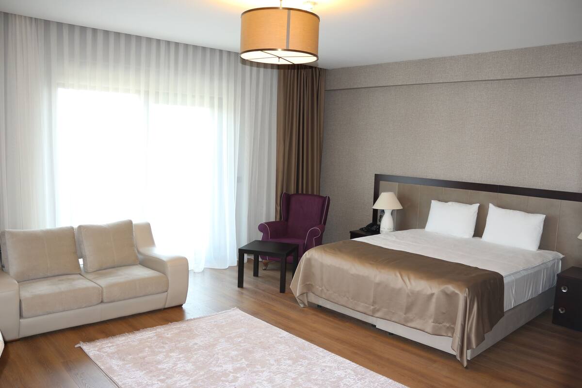 A hotel room with a bed, a sofa, a chair, a nightstand, and a lamp.