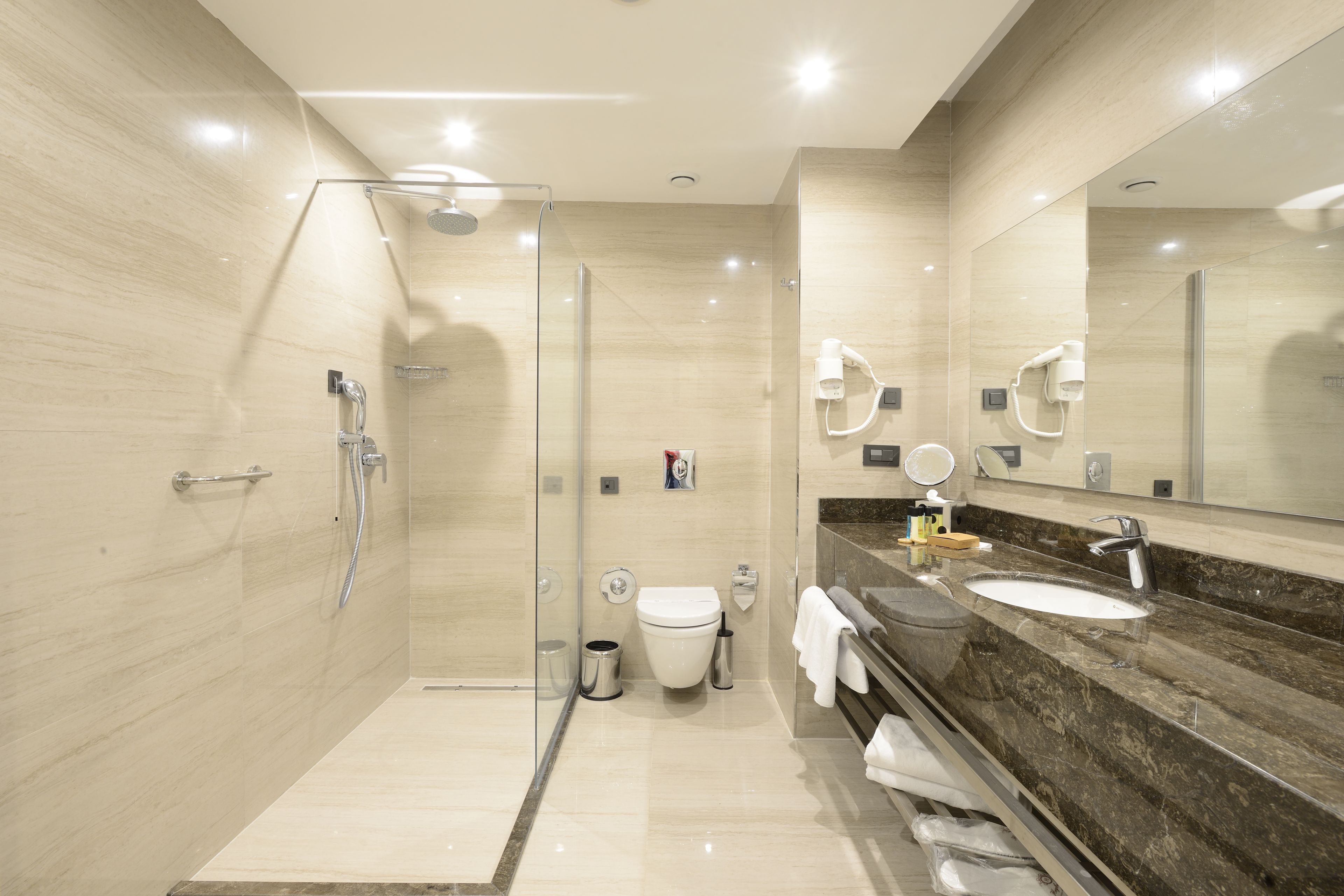 shower, free toiletries, hair dryer, bathrobes