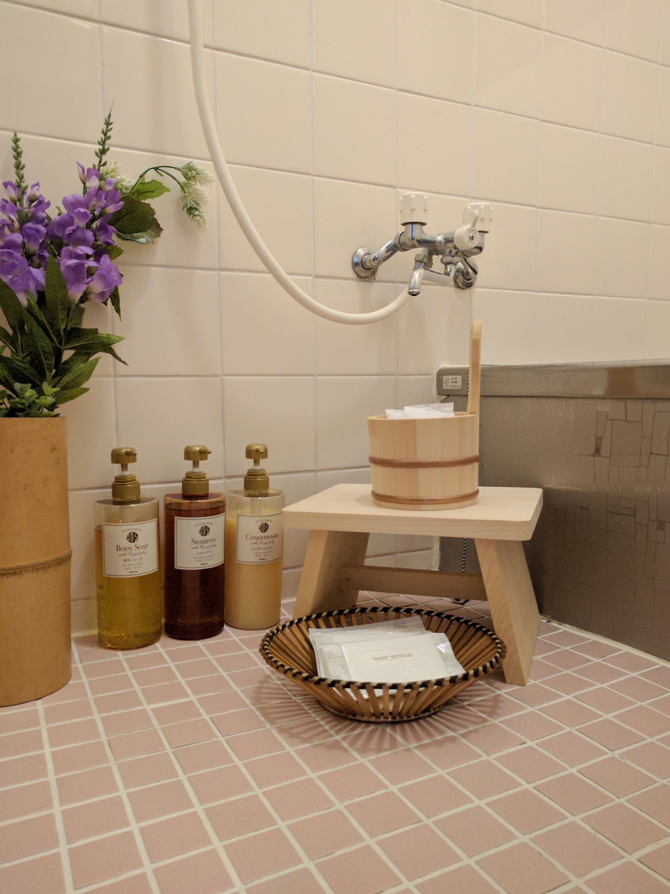 Un bagno con un lavandino in legno, una doccia e una pianta in vaso. Sul mobile ci sono flaconi di shampoo e bagnoschiuma.