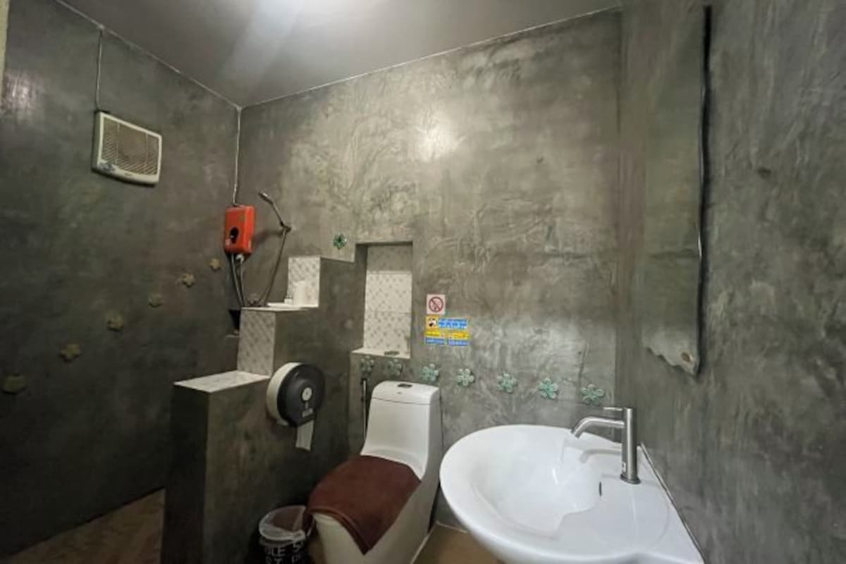 Une salle de bain avec un grand lavabo, des toilettes et un espace douche.