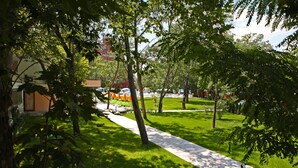 Un sendero en un parque con árboles y un edificio al fondo.