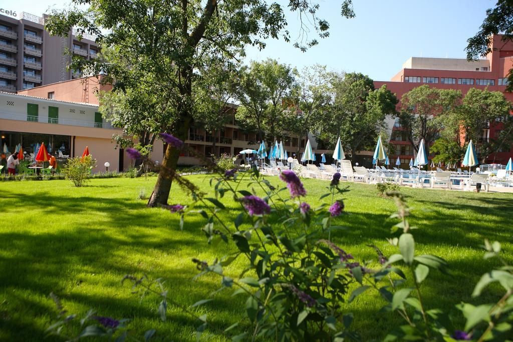 A hotel courtyard with a grassy lawn, trees, and outdoor seating with umbrellas.