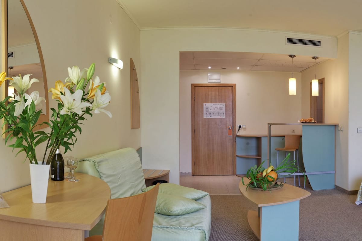 A hotel room with two beds, a desk, a chair, a small table with a plant, and a television.