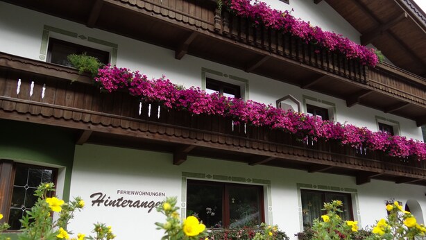 Een meerhoog gebouw met balkons versierd met kleurrijke bloemen.