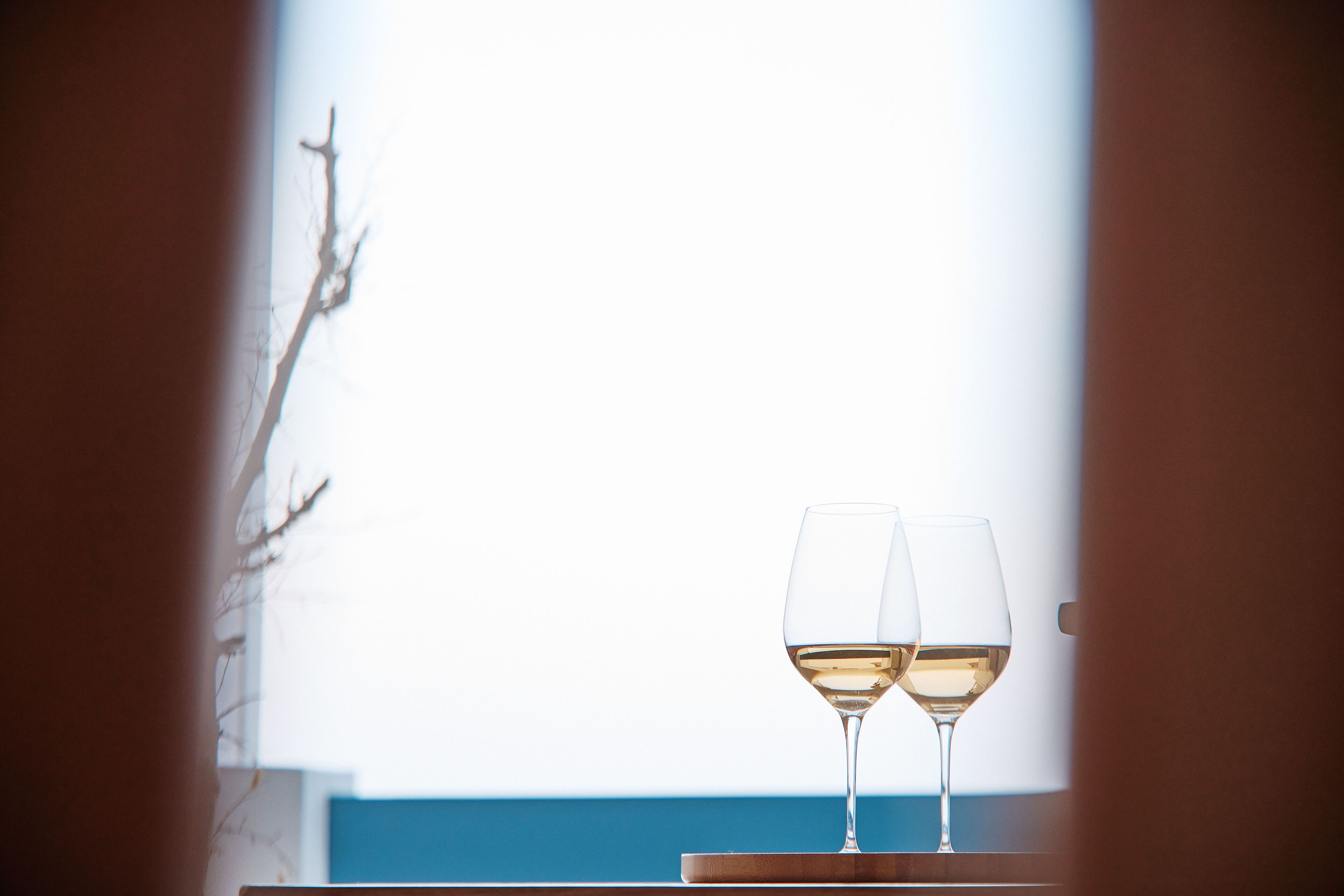 Dos copas de vino sobre una superficie de madera, con un fondo desenfocado que sugiere un ambiente interior.