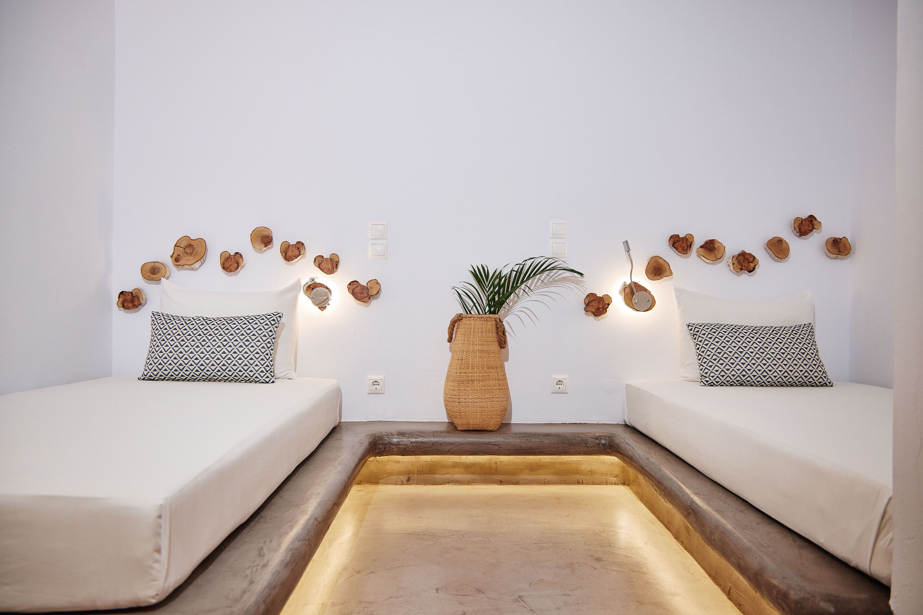 Habitación con dos camas, una planta en el centro y decoración artística en las paredes.